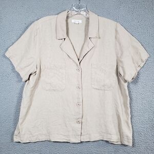 Vetta Shirt Womens Medium Beige 100% Linen Girlfriend Collared Pocket Button Up